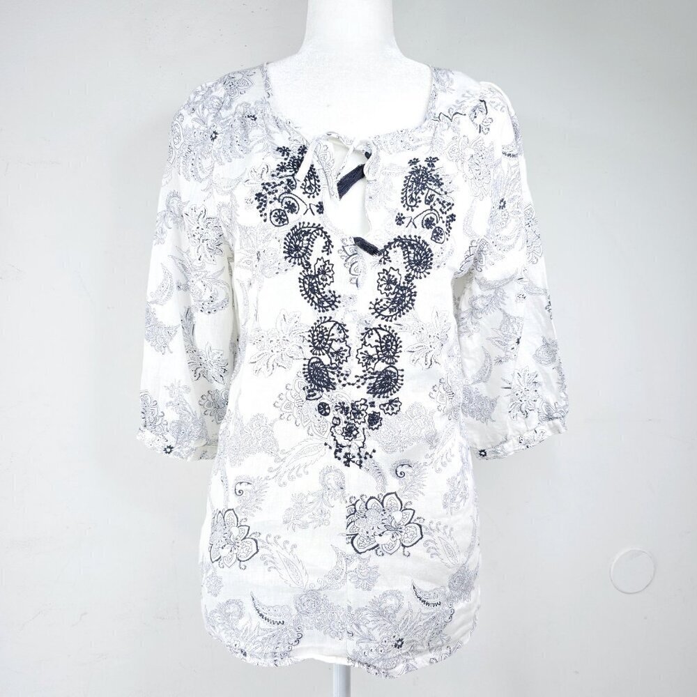 Malvin Hamburg White Linen Paisley Floral Embroidered Tunic Tasseled Top Germany